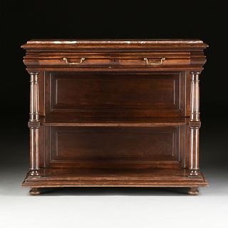 A NEOCLASSICAL REVIVAL MARBLE TOPPED WALNUT SIDEBOARD, POSSIBLY FRENCH, LAST QUARTER 19TH CENTURY,