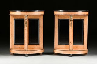 A PAIR OF EMPIRE STYLE MARBLE TOPPED AND MIRROR BACKED BIRCH CONSOLE TABLES, 20TH CENTURY,