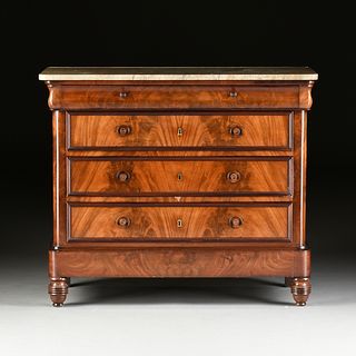 A LOUIS PHILIPPE MARBLE TOPPED FLAME MAHOGANY CHEST OF DRAWERS, CIRCA 1848,