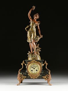 AN ART NOUVEAU PATINATED AND PAINTED SPELTER BLACK MARBLE CLOCK, after EMILE GUILLEMIN (French 1841-1907), JAPY FRÈRES, CLOCKWORKS, POITIERS AND PARIS