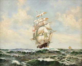 ENGLISH SCHOOL,"Three Masted Barque in a Choppy Emerald Sea," SIGNED COOPER, 20TH CENTURY,