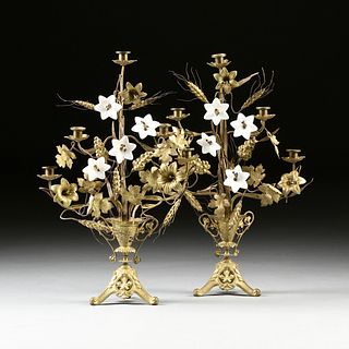 A PAIR OF ECCLESIASTICAL MILK GLASS GILT BRASS FIVE LIGHT CANDELABRA, FRENCH, LATE 19TH/EARLY 20TH CENTURY,