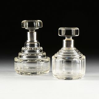 A GROUP OF TWO FRENCH ART DECO STERLING SILVER MOUNTED CUT CRYSTAL DECANTERS, BY CLAUDE CHAPOT, EARLY 20TH CENTURY,