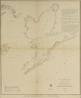 AN ANTIQUE SURVEY MAP, "U.S. Coast Survey: Preliminary Sketch of Galveston Bay, Texas," SECOND EDITION, CIRCA 1852,
