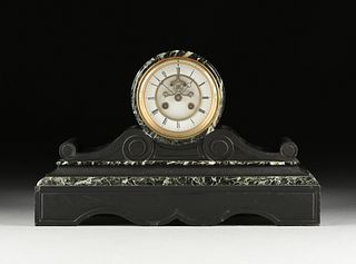 A NEOCLASSICAL STYLE VERDE ANTICO AND BELGE NOIR MARBLE OPEN ESCAPEMENT CLOCK, FRENCH, CIRCA 1880,