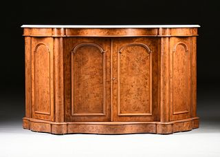 AN ENGLISH VICTORIAN MARBLE TOPPED BURLED WALNUT CABINET, 1840s, 