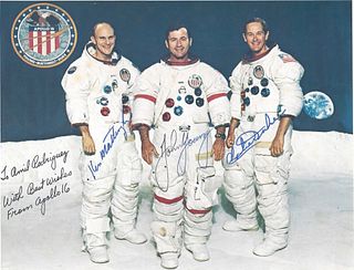 A GROUP OF SIX NASA PRINTS, A "RED NUMBER" PHOTO AND EPHEMERA, APOLLO 16, CREW SIGNED, CIRCA 1972,