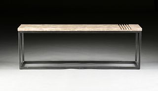 A CONTEMPORARY POLISHED CAST MARBLE TOPPED STEEL BENCH, 