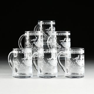 A SET OF SIX LOBMEYR ETCHED "BIRD AND BURNING HEART" BEER MUGS, AUSTRIAN, SECOND HALF 20TH CENTURY,