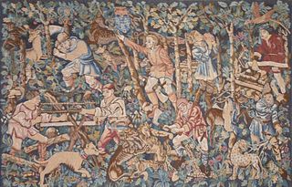 A BELGIAN RENAISSANCE TOURNAI STYLE TAPESTRY, "The Woodcutters Labor to Build an Animal Game Park," 20TH CENTURY,