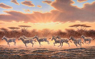 BO NEWELL (American/Texas 20th/21st Century) A PAINTING, "Zebras Galloping at Sunset," 1986,