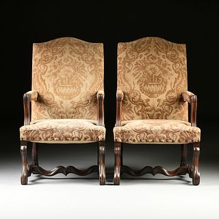 A PAIR OF LOUIS XIV STYLE CUT VELVET UPHOLSTERED AND CARVED WALNUT TALL BACK ARMCHAIRS, 19TH CENTURY,