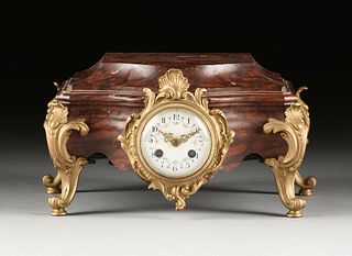 A ROCOCO REVIVAL GILT LACQUERED BRONZE MOUNTED ROUGE GRIOTTE MARBLE MANTLE CLOCK, FRENCH, 1890s,
