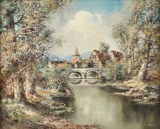 WILLI BAUER (German b. 1923) A PAINTING, "Roman Bridge by the Town,"
