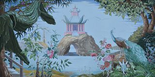 A CHINOISERIE PEACOCK AND PAGODA FAUX WALLPAPER PANEL, 20TH CENTURY,