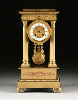 A CHARLES X STYLE GILT LACQUERED METAL PORTICO CLOCK, LATE 19TH CENTURY,