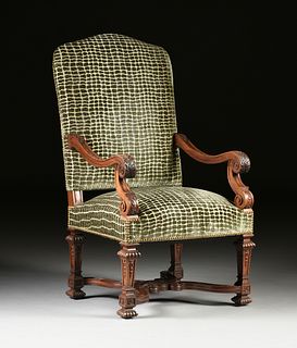 AN ANTIQUE LOUIS XIV STYLE CARVED WALNUT ARMCHAIR, LATE 19TH CENTURY,