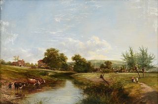 ADAM BARLAND (English a. 1843-1875) A PAINTING, "Watering Cattle Notice Figures in Landscape," 1861,