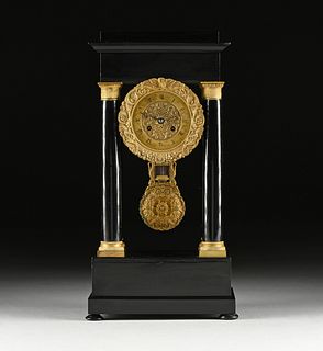 A CHARLES X ORMOLU MOUNTED EBONIZED WOOD PORTICO CLOCK, EARLY 19TH CENTURY, 