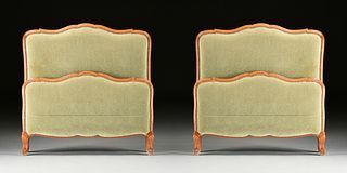 A PAIR OF LOUIS XV STYLE MOHAIR UPHOLSTERED BEECH TWIN BEDS, FIRST HALF 20TH CENTURY,