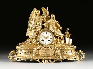 A NAPOLEON III GILT METAL FIGURAL CLOCK, "Arma Christi in the Hands of an Angel with Young Christ," FRENCH, MID 19TH CENTURY,