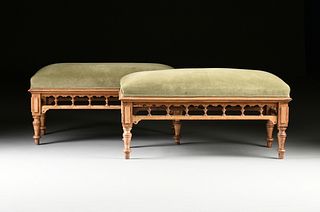 A PAIR OF AMERICAN AESTHETIC MOVEMENT MOHAIR UPHOLSTERED AND CARVED WOOD BENCHES, CIRCA 1875, 