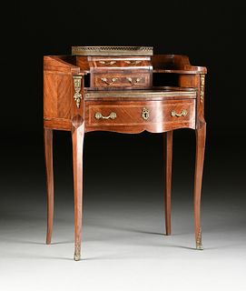 A CARLTON HOUSE STYLE BRASS MOUNTED INLAID MAHOGANY LEATHER TOP LADY'S DESK, CIRCA 1900,