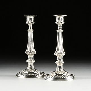 A PAIR OF ANTIQUE ENGLISH ELKINGTON ELECTROPLATED CANDLESTICKS, MARKED, BIRMINGHAM, 1849-1864,