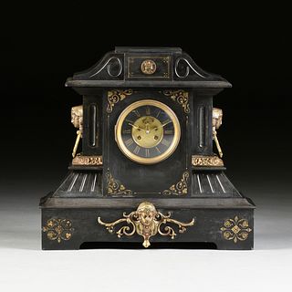 A FRENCH NEO GREC BRONZE MOUNTED BLACK MARBLE MANTLE CLOCK, CIRCA 1870,