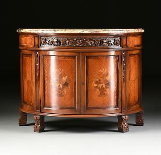 A GEORGE III STYLE MARQUETRY INLAID SATINWOOD AND MAHOGANY DEMI-LUNE CABINET, LATE 19TH/EARLY 20TH CENTURY,
