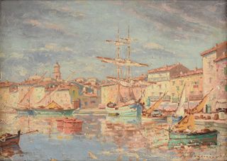 ITALIAN SCHOOL, A PAINTING, "Boats in Canal," LATE 19TH/EARLY 20TH CENTURY,