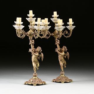 A PAIR OF FRENCH GILT BRONZE SEVEN LIGHT FIGURAL CANDELABRAS, 20TH CENTURY,