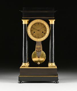 A CHARLES X ORMOLU MOUNTED EBONIZED WOOD PORTICO CLOCK, BY J. HUNZIKER, 1820s,