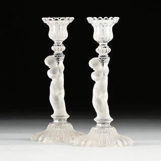 A PAIR OF BACCARAT FROSTED CRYSTAL FIGURAL CANDLESTICKS, SIGNED, EARLY 20TH CENTURY,