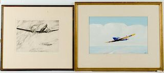 Group of Airplane Illustrations, One Print and One Watercolor 