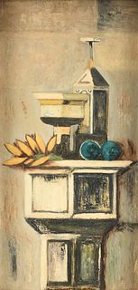 AMERICAN CONTEMPORARY SCHOOL, A CUBIST PAINTING, "Still Life with Leaves," MID 20TH CENTURY,