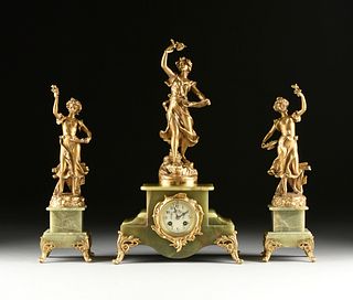 AN ART NOUVEAU GILT METAL AND ONYX THREE PIECE CLOCK GARNITURE, "VANDEGUESE," CHARLES RUCHOT (French 1872-1932), SCULPTOR, JAPY FRERES, CLOCKWORKS, PA
