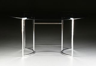 A MID CENTURY MODERN SMOKEY GLASS TOP CHROMED STEEL TABLE, AFTER MILO BAUGHMAN, MID/LATE 20TH CENTURY,