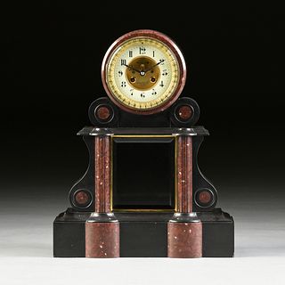 A NAPOLEON III POLISHED ROUGE GRIOTTE AND BLACK MARBLE "PENDULE DE NOTAIRE" CLOCK, RETAILED BY H. CHAPUS FILS, CIRCA 1855,