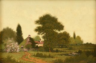 GEORGE W. DREW (American 1875-1968) A PAINTING, "Homestead with Ducks and Pink Tree,"