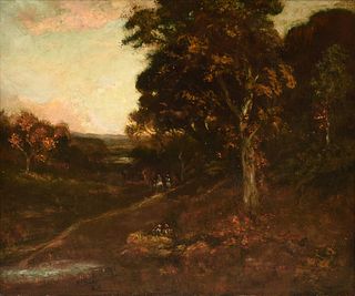A SECOND GENERATION HUDSON RIVER SCHOOL PAINTING, "Figures Traveling at Sunset in Landscape,"