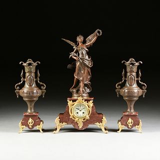 A THREE PIECE BELLE ÉPOQUE SPELTER AND GILT BRONZE MOUNTED ROUGE GRIOTTE GARNITURE, AUGUSTE MOREAU (French 1834-1917), SCULPTURE, SAMUEL MARTI, CLOCKW