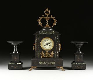 A THREE PIECE AESTHETIC MOVEMENT BELGE NOIR AND VERDE ANTICO METAL MOUNTED MARBLE CLOCK GARNITURE, PARIS, 1880-1890,