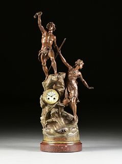 AN ART NOUVEAU GILT METAL AND ROUGE GRIOTTE FIGURAL MARBLE CLOCK, PERSEUS AND ANDROMEDA, A.D. MOUGIN, CLOCKWORKS, "Sauvetage," PARIS, 1880-1900, 