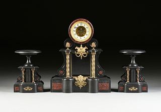 AN ITALIAN BAROQUE REVIVAL GILT METAL MOUNTED ROUGE GRIOTTE AND NOIR BELGE MARBLE OPEN ESCAPEMENT CLOCK, VINCENTI & CIE., CLOCKWORKS, FRENCH, EARLY 20