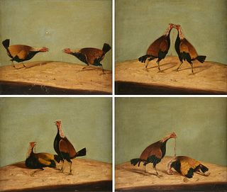 after HENRY THOMAS ALKEN (English 1785-1851) A SERIES OF FOUR PAINTINGS, "Cockfight," "Fight," "Set Two," AND "Death," MID/LATE 19TH CENTURY,