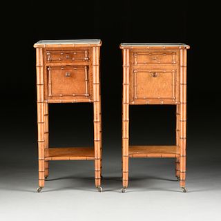 A PAIR OF AESTHETIC MOVEMENT BAMBOO FORM BURL MAPLE AND CHERRY MARBLE TOP NIGHTSTANDS, 1870-1890, 