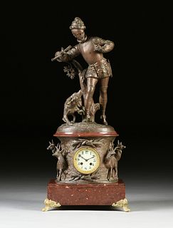 A RENAISSANCE REVIVAL PATINATED METAL AND ROUGE GRIOTTE MARBLE FIGURAL MANTLE CLOCK, FRENCH, 1880,