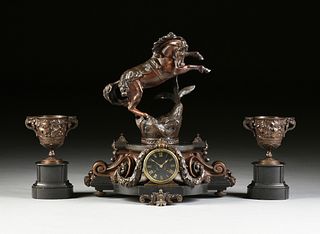 A BAROQUE REVIVAL THREE PIECE PATINATED METAL "REARING HORSE" AND NOIR BELGE CLOCK GARNITURE, FRENCH, 1860-1880,