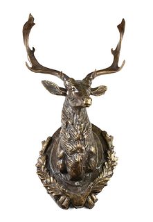 A LOUIS XIV STYLE PATINATED BRONZE MODEL OF A TROPHY STAG HEAD MOUNT, AFTER THE ORIGINAL IN THE STAG GALLERY AT CHÂTEAU DE FONTAINEBLEAU, MODERN,